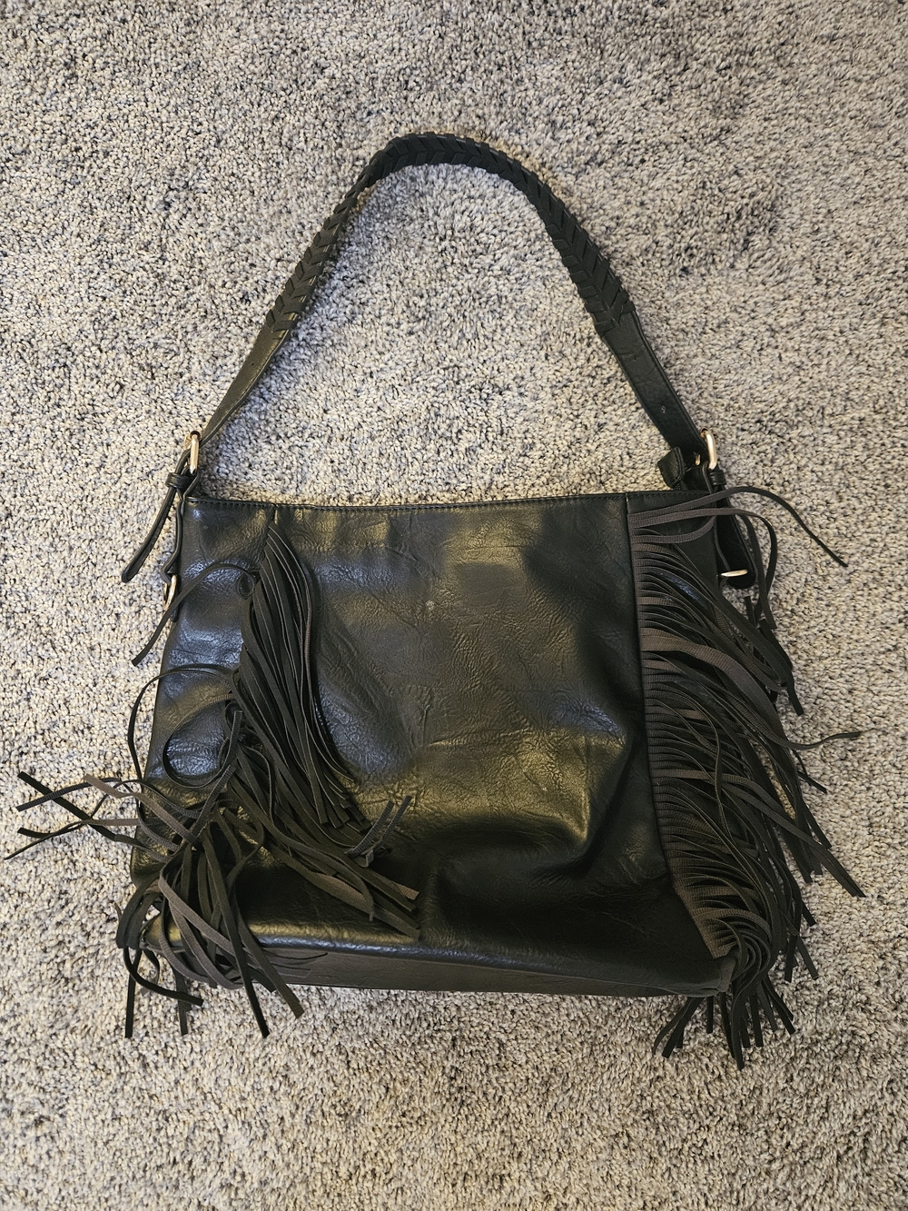 NWOT Black Fringe Shoulder Bag with Braided Strap
